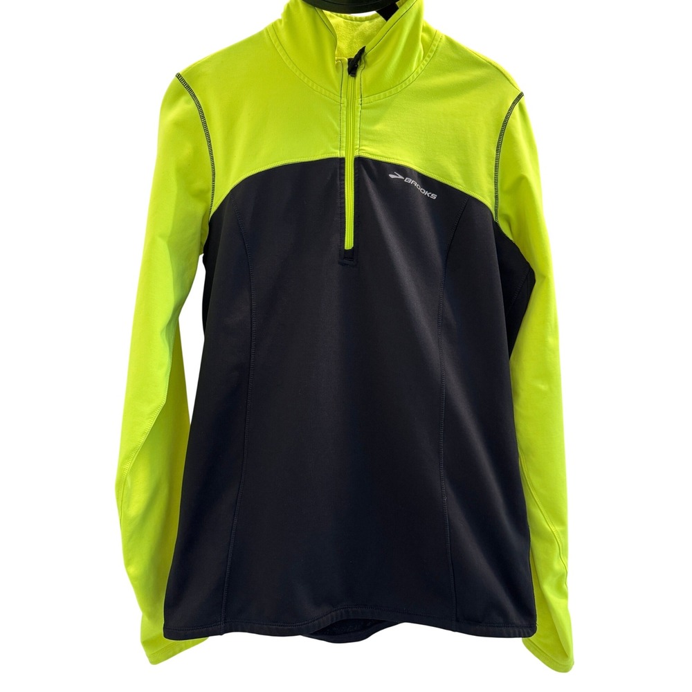Brooks 1/4 Zip Running Top Women M Neon Yellow Black Long Sleeve Gel H20Pockets